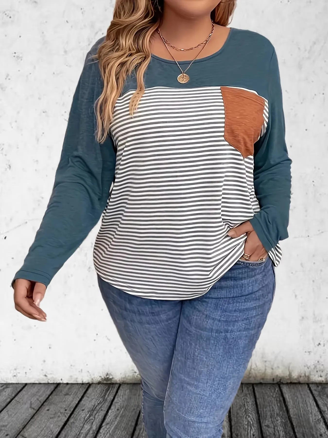 1XL-5XL Women's Plus Size Casual Striped Print Tee Shirt Ladies Fashionable Long Sleeve O-neck Splicing Pockets T-shirt