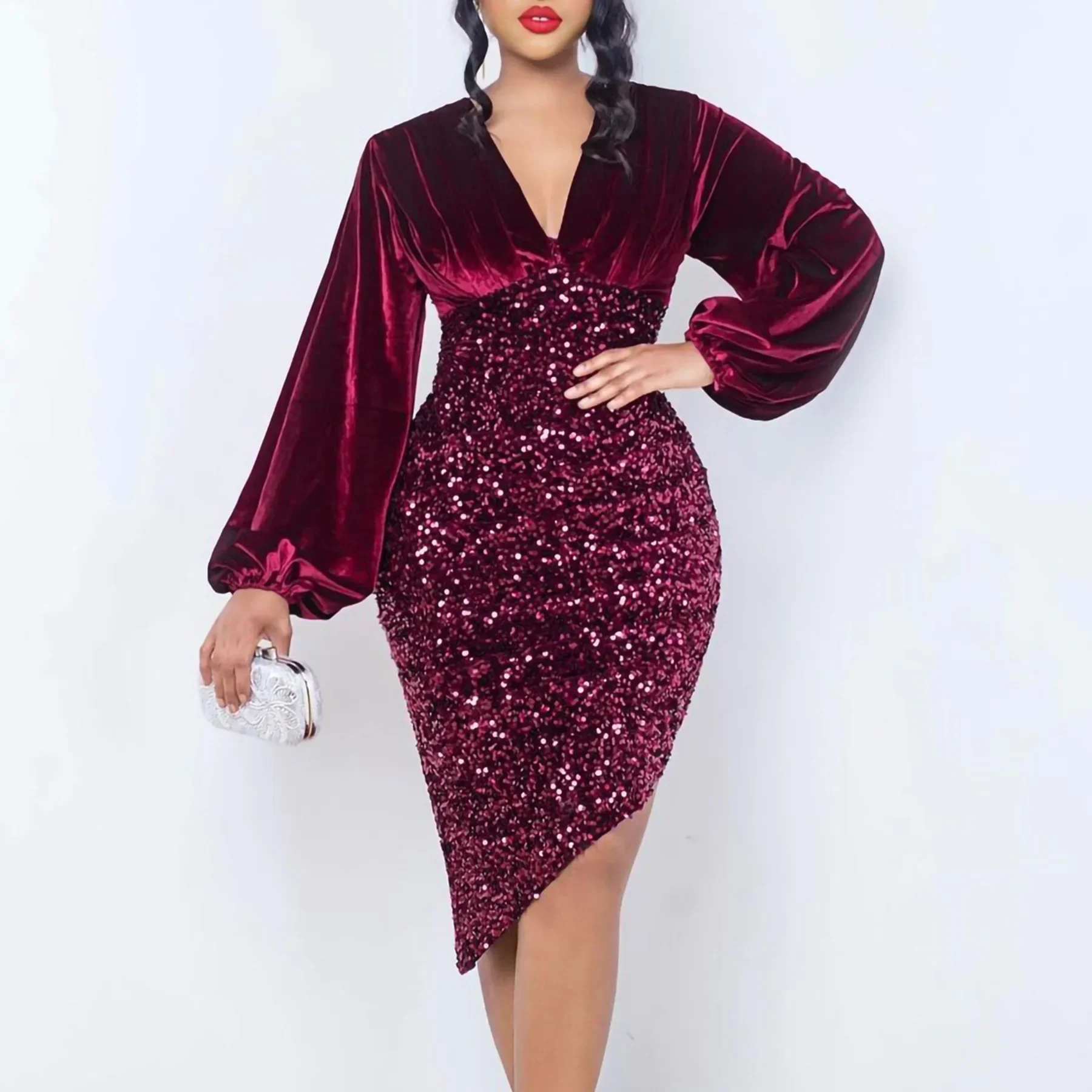 New arrival fashion sexy V-neck casual sequins slim fit dress long sleeve elegant plus size party irregular dress women clothing