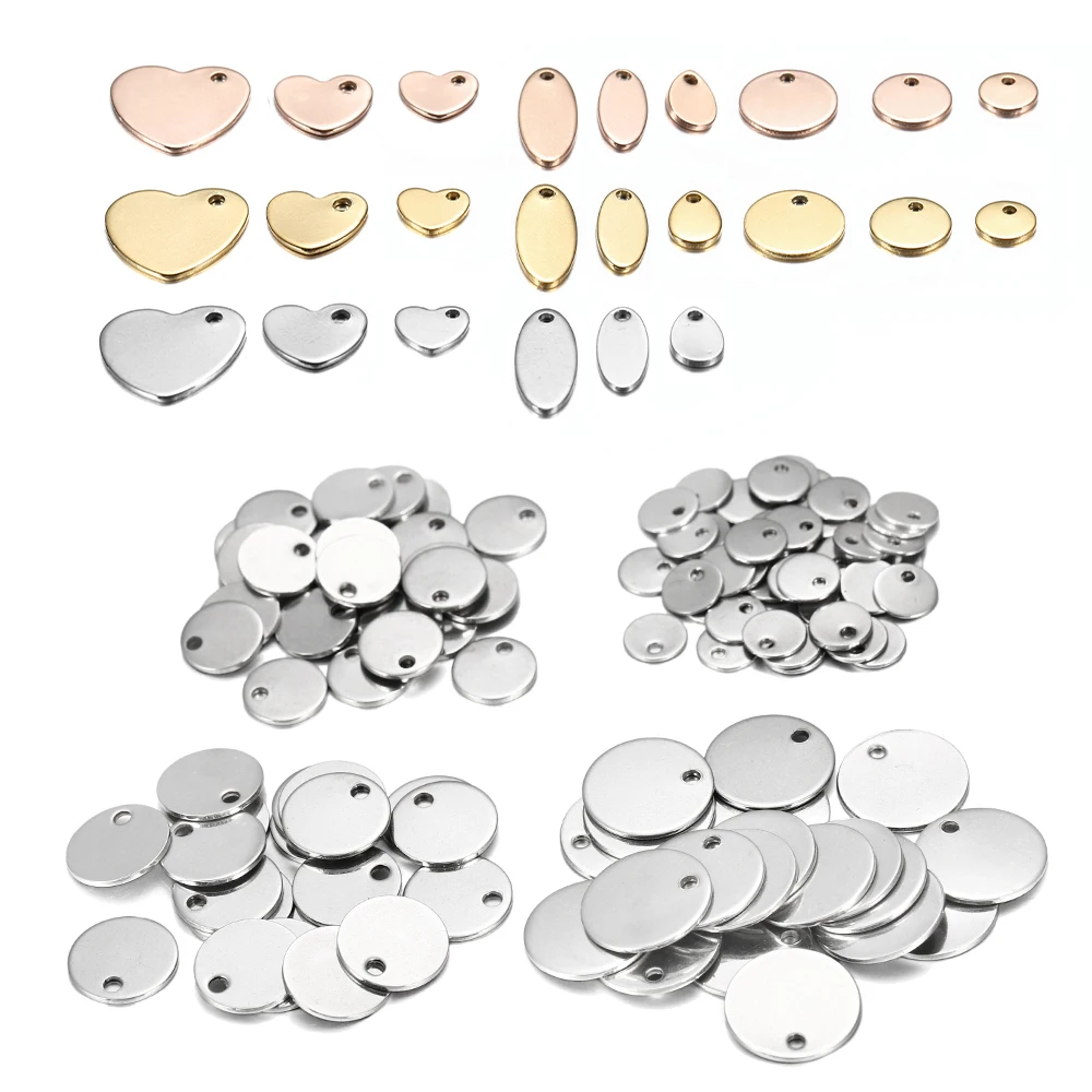 10-50Pcs Gold Stainless Steel Customized Dog Tag Heart-Shaped Oval Blanks Charm Pendant Charms For DIY Jewelry Making Supplies