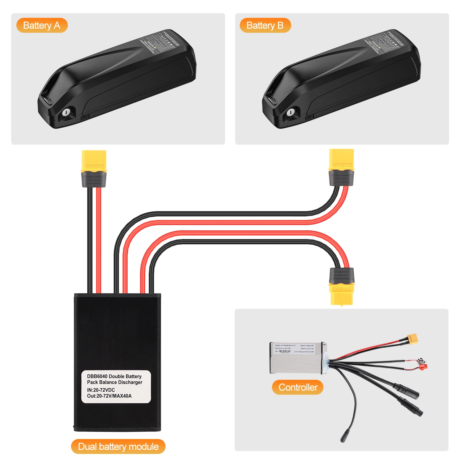 Double Battery Discharge Converter, 20V to 72V Lasting Power Dual Battery Parallel Module Adapter XT90 Interface for Controller