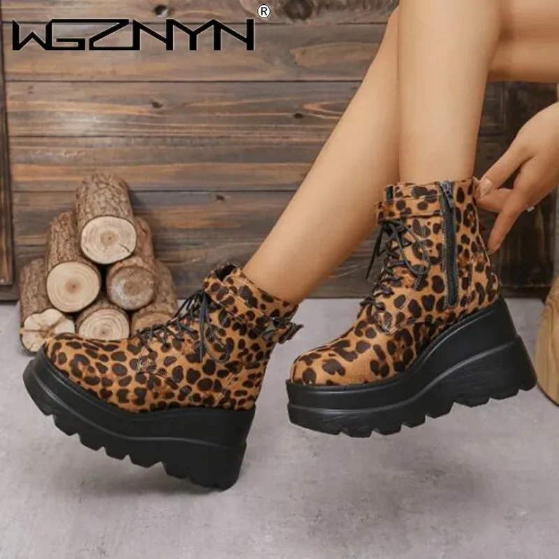 NEW Ladies Shoes 2025 Brand Ankle Women's Boots Platform Modern Boots Women Leopard Zip Lace-up Belt Buckle Wedge Shoes Female