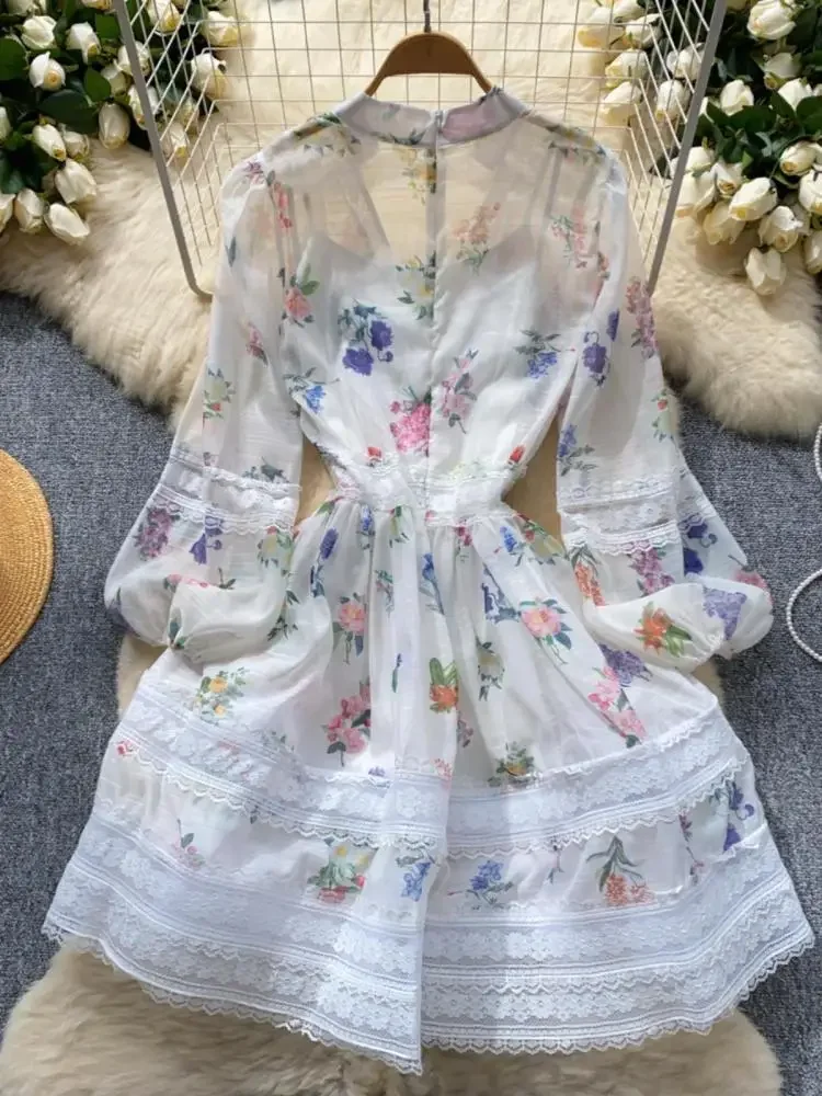 Vestido Retro francés de encaje con estampado blanco y negro para mujer, vestido corto elegante ajustado de manga larga y vestidos deslizantes, novedad de primavera y otoño, estilo bohemio