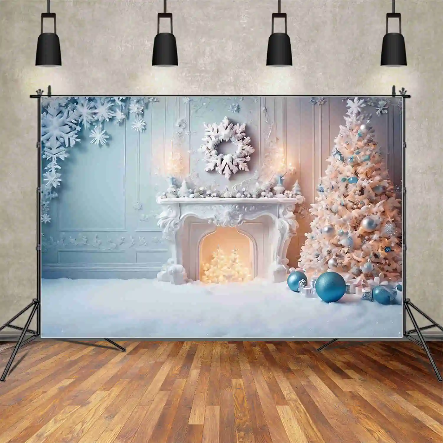 MOON.QG White Christmas Tree Backdrops Winter Snow Indoor Fireplace Living Room Background Party Decor Photo Shoot Accessories