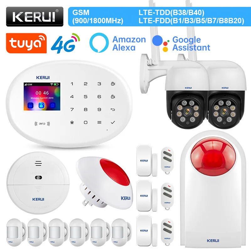 

KERUI W204 Alarm System 4G WIFI GSM Alarm Smart Home Motion Sensor Detector Alexa Door Sensor Flashing Siren IP Camera