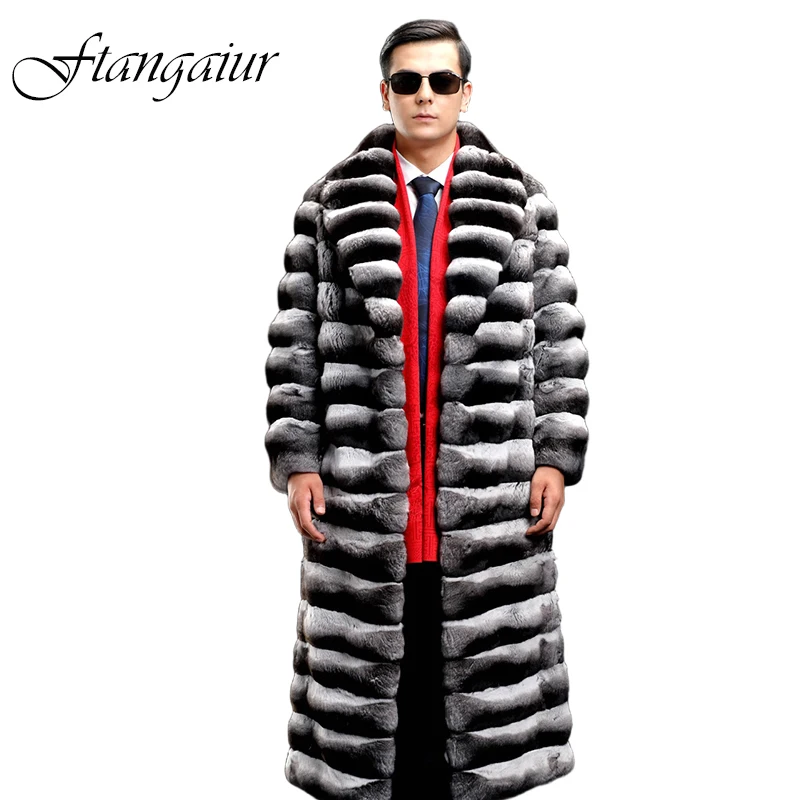 Ftangaiur New Winter Import Chinchilla Coat Turn-Down Collar Full Sleeve X-Long Men Real Natural Color Chinchilla Fur Coats