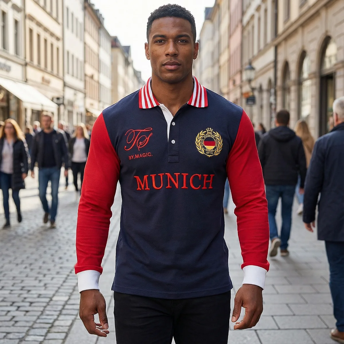 Neues Herren-Poloshirt mit langen Ärmeln, Deutschland MÜNCHEN, USA-Größe, königliche Sport-Freizeitmode, reine Baumwolle, schmale Passform, geteilte Farbe c