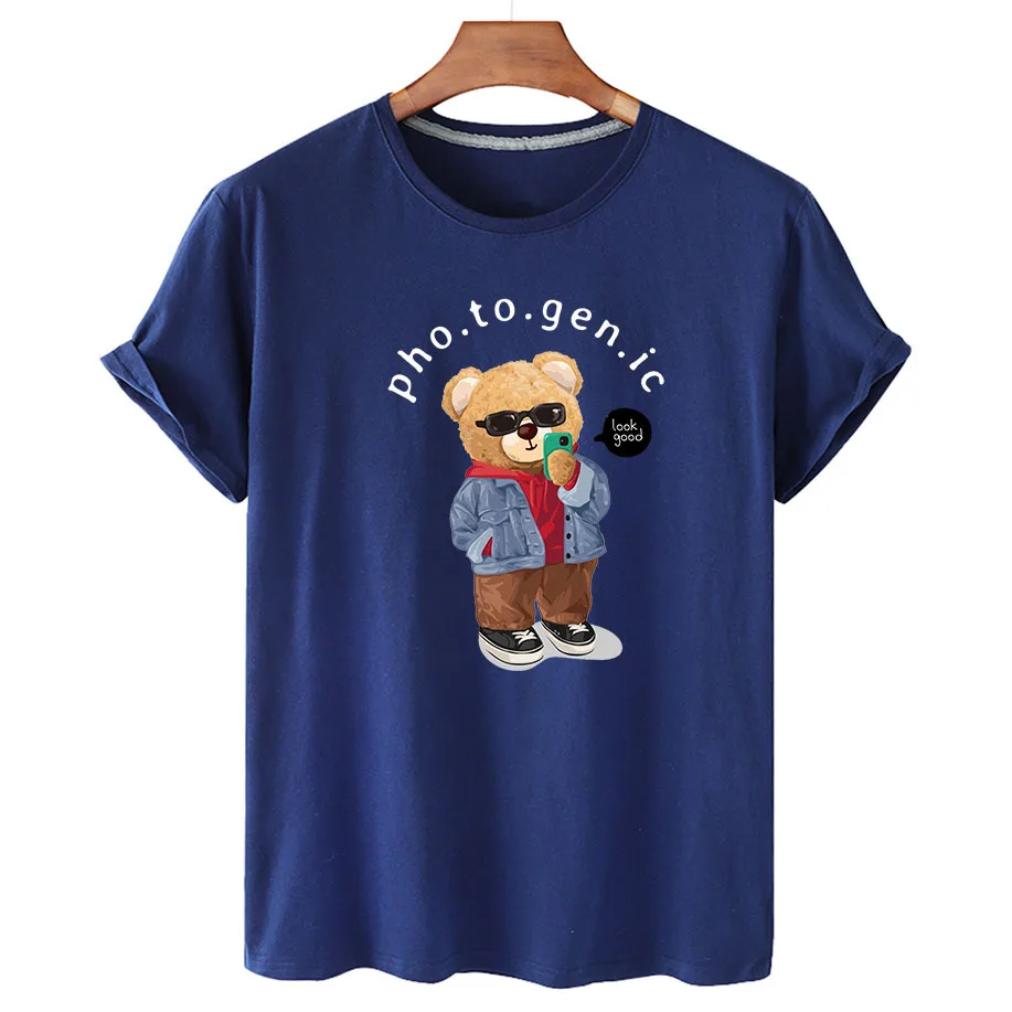 100% Cotton Photo Bear Print T-shirt 2022 Women's Fashion Shirt Unisex Short Sleeve O-neck T-shirt Summer Fashion Couple T-shirt