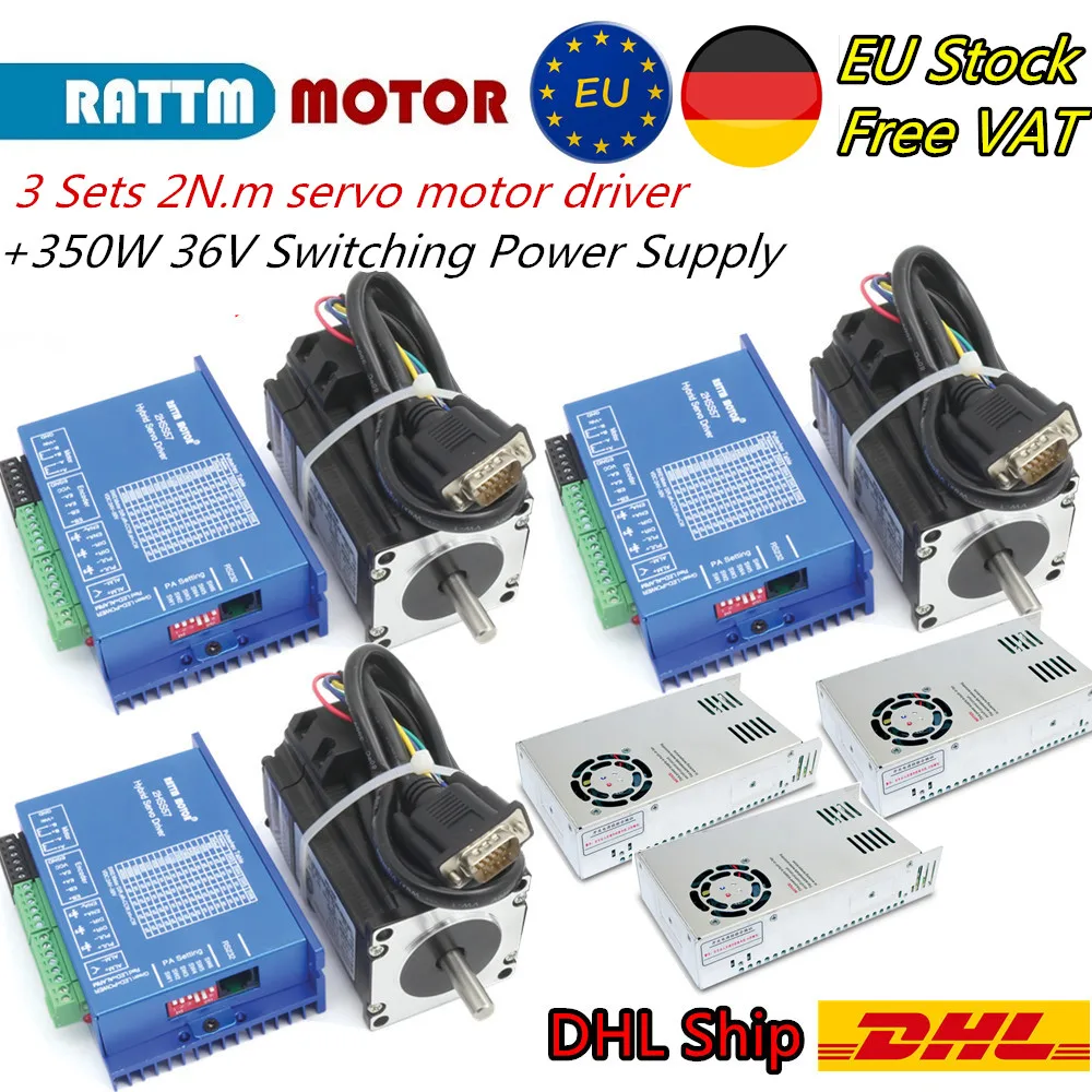 【EU Free】3 Sets 2N.m Nema 23 Closed Loop Stepper Motor 2-Phase 288oz-in & Hybrid Servo Driver 6A 200Khz+350W 36V Power Supply