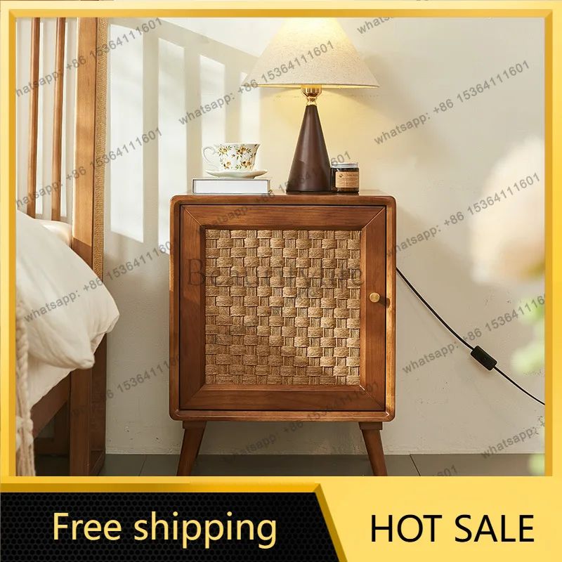 FG solid wood bedside table, modern and simple, storage locker rattan