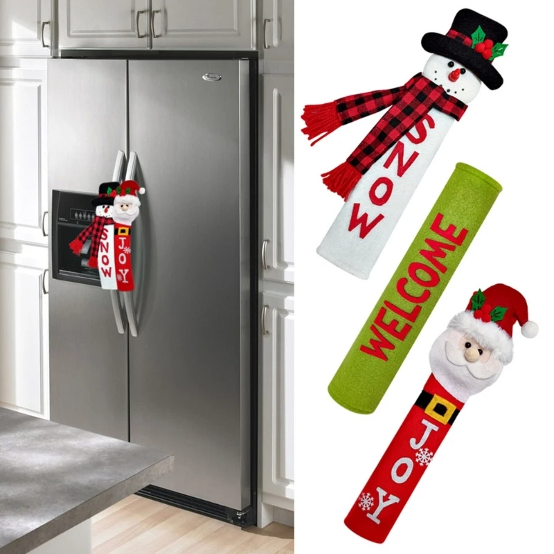 Holiday Refrigerator Pull Covers, 3 Christmas Character Fabric Sleeves That Add Soft Layer Over Frequently Touched B03E