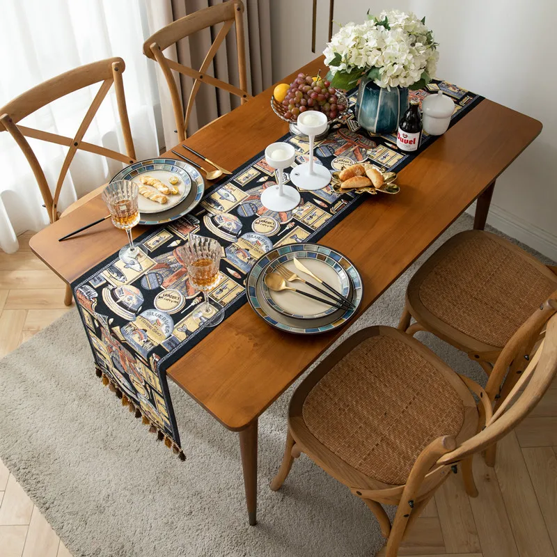 

American Retro Table Runner Color Woven Jacquard Ethnic Style Tassel Home Polyester Tablecloth Table Runner Bed End Runner