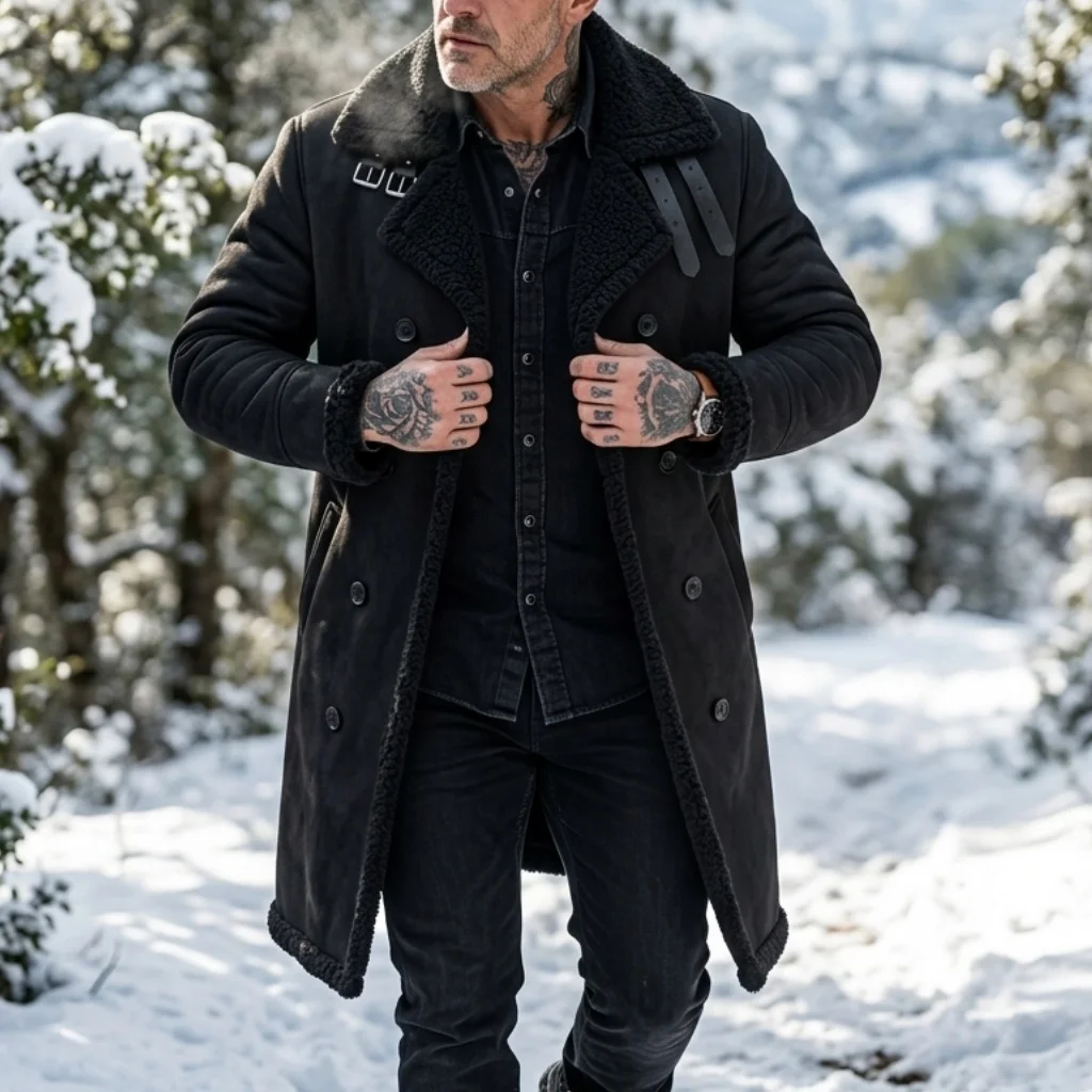 New Men's Faux Suede & Fur Lined Winter Jacket Windproof Double-Breasted Streetwear Coat Warm Hunting Outerwear Male Jacket