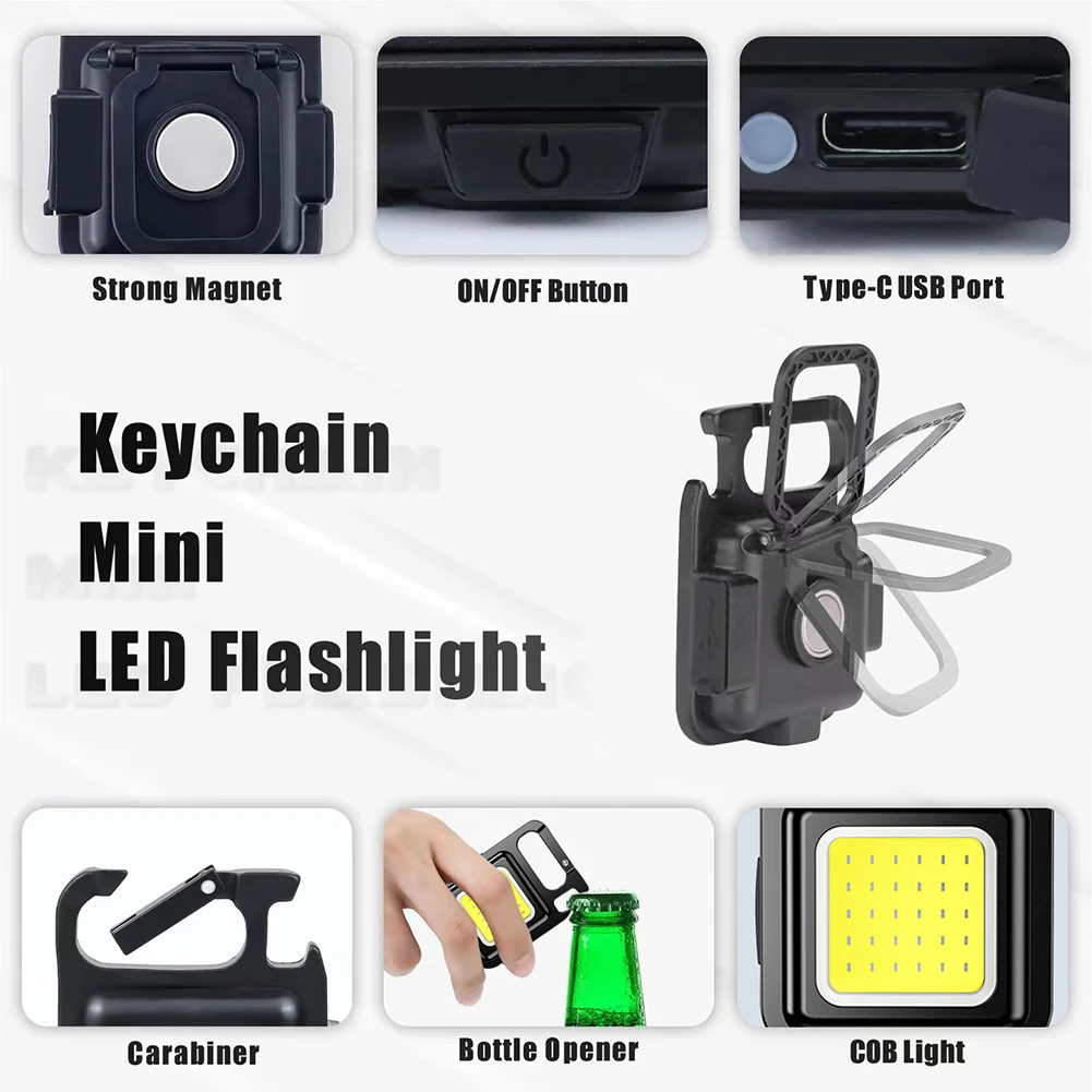 XPE Pocket Work Light 500LM COB LED Mini Keychain Light USB Rechargeable Flashlight IPX4 Waterproof for Outdoor Camping Hiking