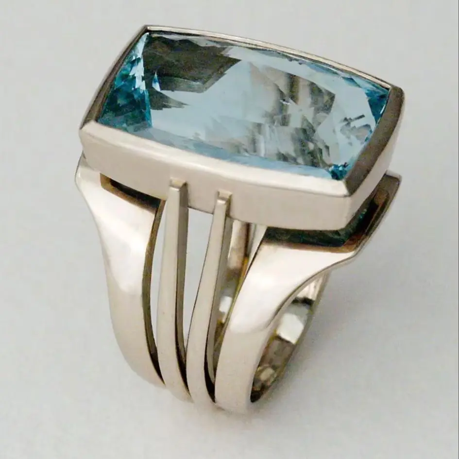Minimalist Cushion Cut Light Blue Synthetic Gem Multi-Layer Band Copper Ring For Women, Casual Vacation Jewelry