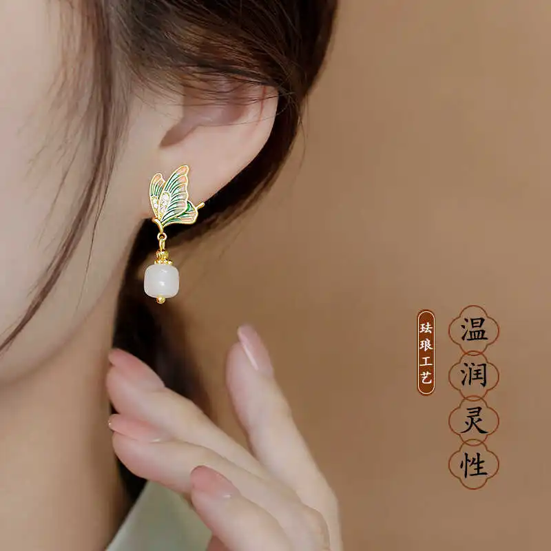 Chinese Style Hanfu Enamel Butterfly Dangle Earrings S925 Sterling Silver Needle Hypoallergenic Vintage Elegant Cheongsam Matchi
