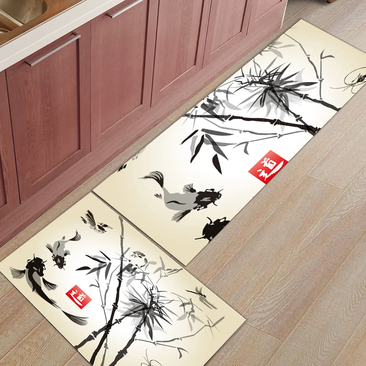 Bamboo Carp Chinese Ink Painting Long Kitchen Carpet Floor Home Entrance Doormat Bedroom Living Room Decor Rug Hallway Mat