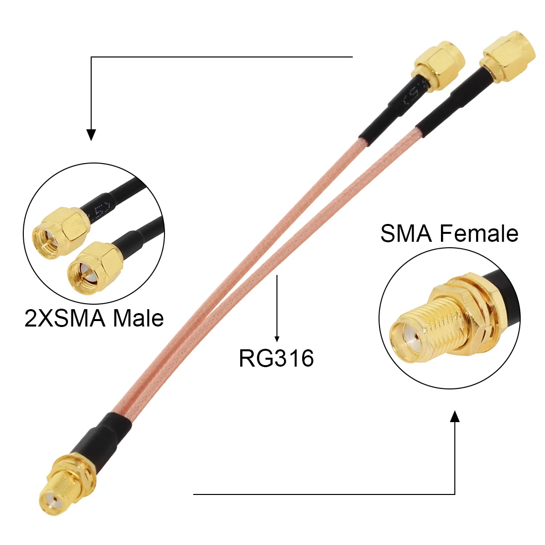 SMA Female Nut to 2X SMA Male Plug Y Type Splitter Combiner Pigtail Cable RG316 15cm 6