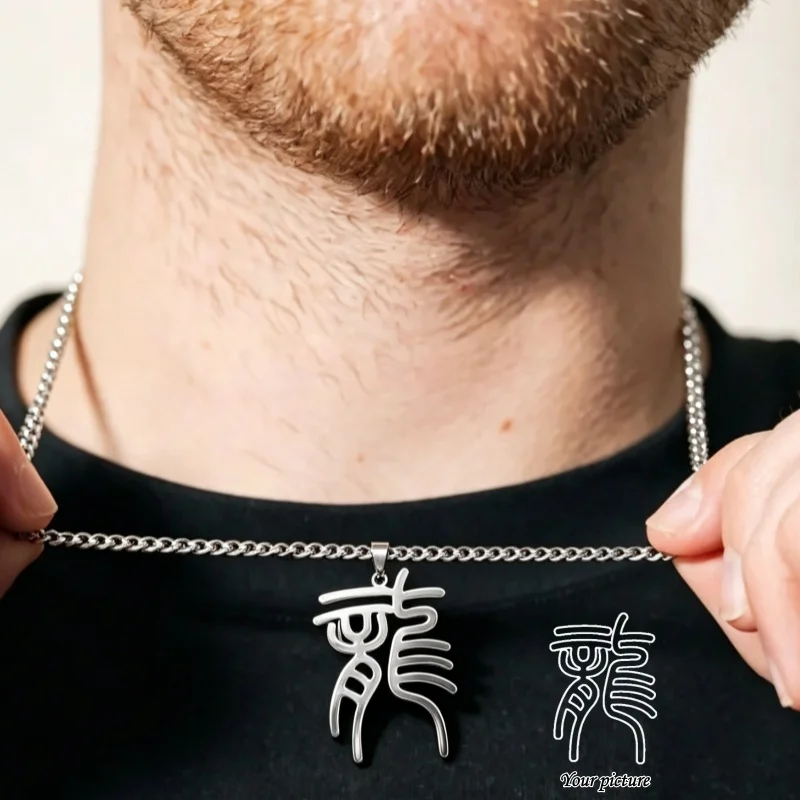 Custom Chinese Symbol Character Necklace Personalized Stainless Steel Text Pendant Calligraphy Letter Necklaces Gift For Men