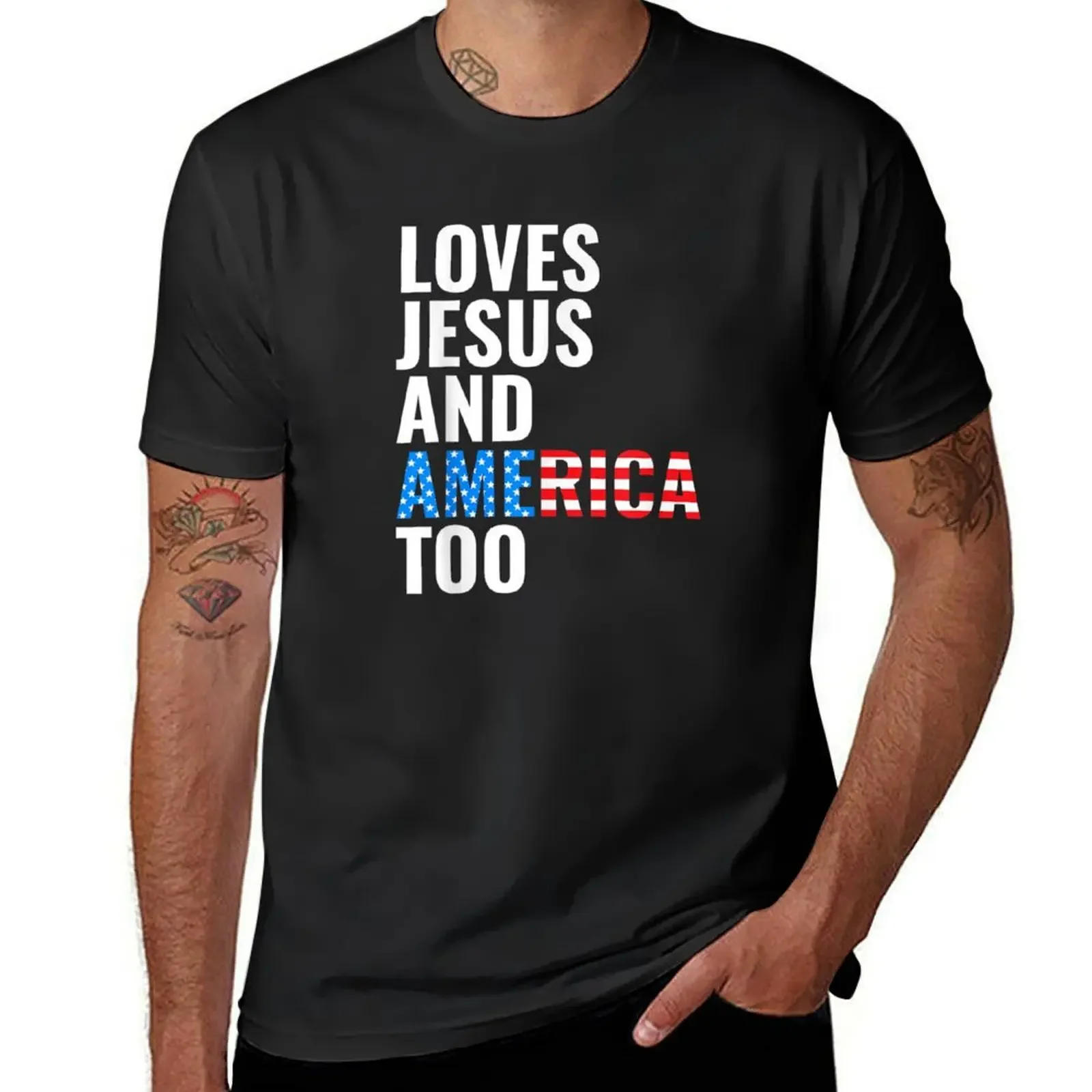 American Flag Loves Jesus and America Too T-Shirt anime tshirt sports fans plus size clothes hippie clothes men workout shirt