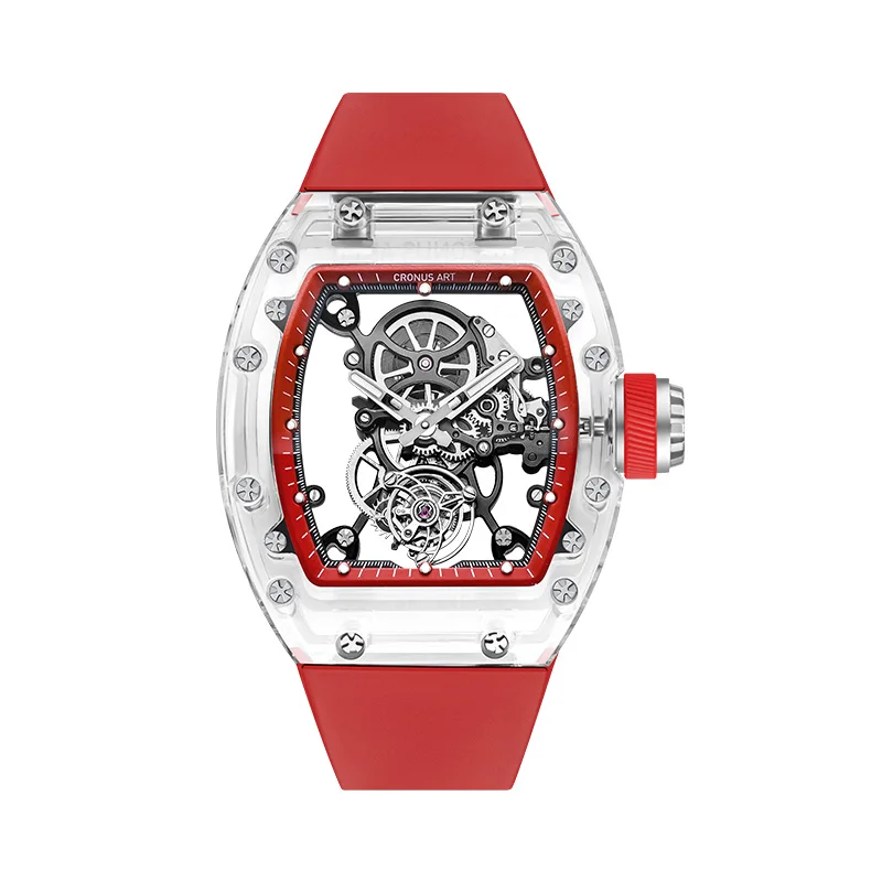CRONUSART Men Tourbillon Watch 50mm Tonneau Mechanical Wristwatch Sapphire Case Mirror Luminous Fluororubber Strap Skeleton Dial