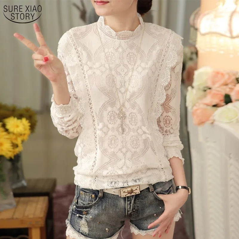 2023 Fashion Autumn Women Blouses Long Sleeve Casual Chiffon Shirts Stand Floral Lace Blouses Casaul Tops 07F