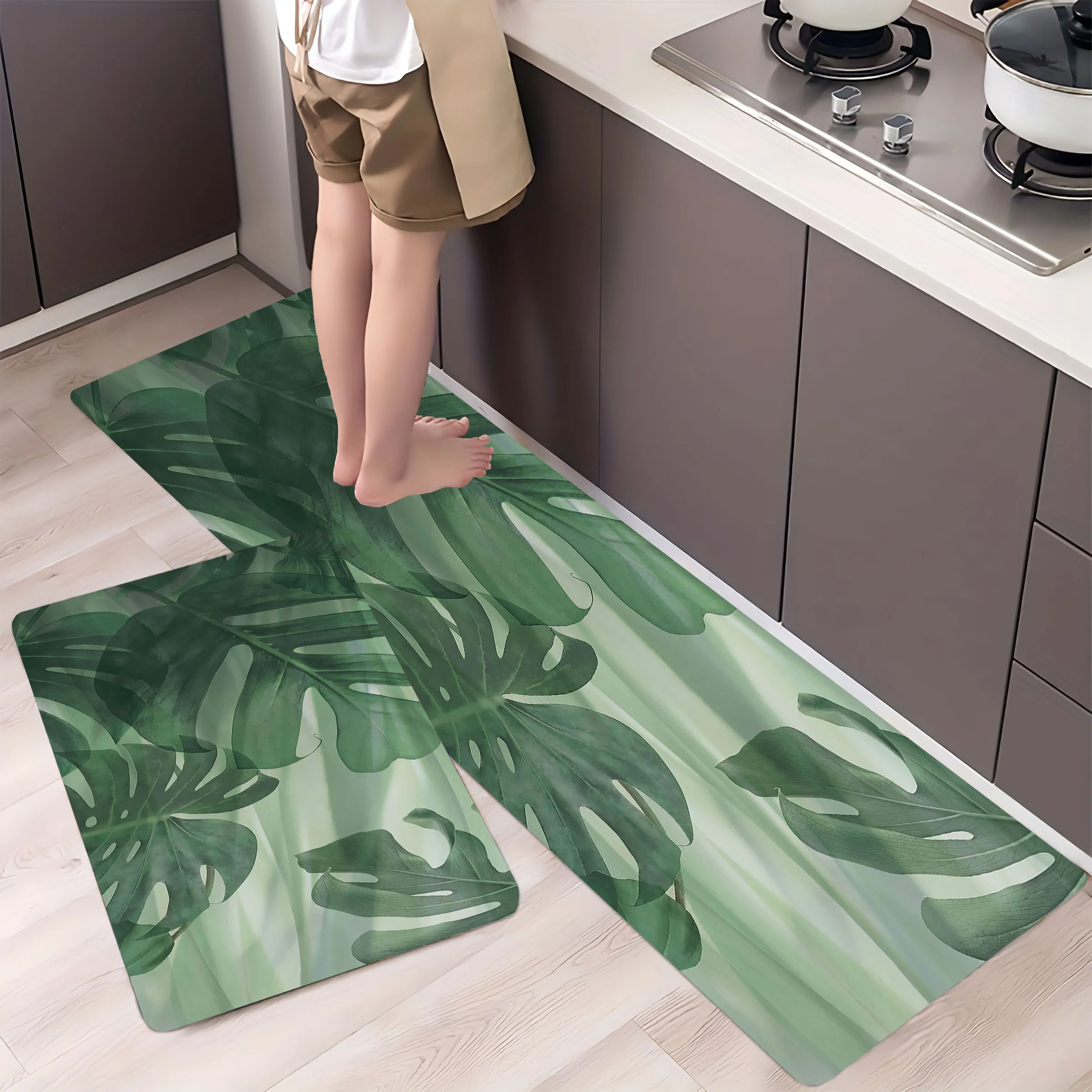 

Fresh Green Plant Pattern Design Kitchen Carpet Bathroom Mat Non-silp Flannel Doormat for Home Decorative Accessories Floor Pads