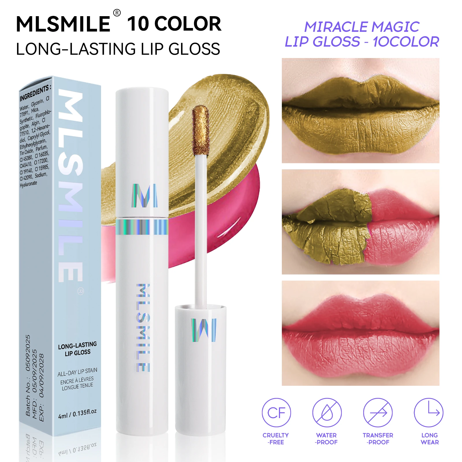 Mlsmile produtos de maquiagem para festa feminina, brilho labial duradouro, brilho labial, cosplay, adequado para a pele, 2025 novo