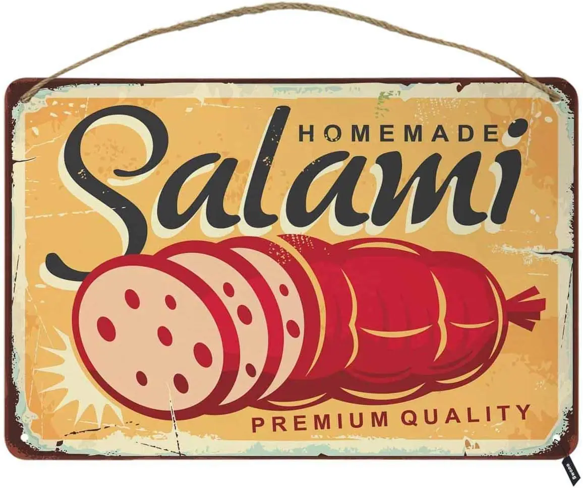 Swono Homemade Salami Retro Poster Tin Signs,Delicious Sausage on Old Yellow Background Vintage Metal Tin Sign for Men Women,Wal