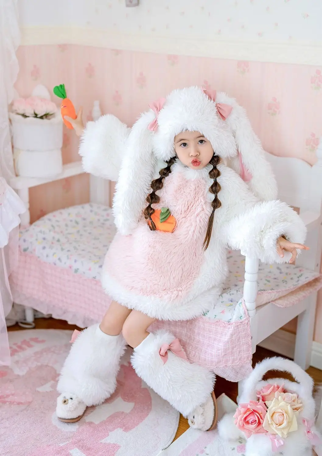 Cartoon Kinder Plüsch-Kaninchen Cosplay Kostüm Kawaii Mädchen Winter Warme Sets Top Hose Mütze Anzug 1-10 Jahre Mädchen Party Outfits Geschenk – Detail 3