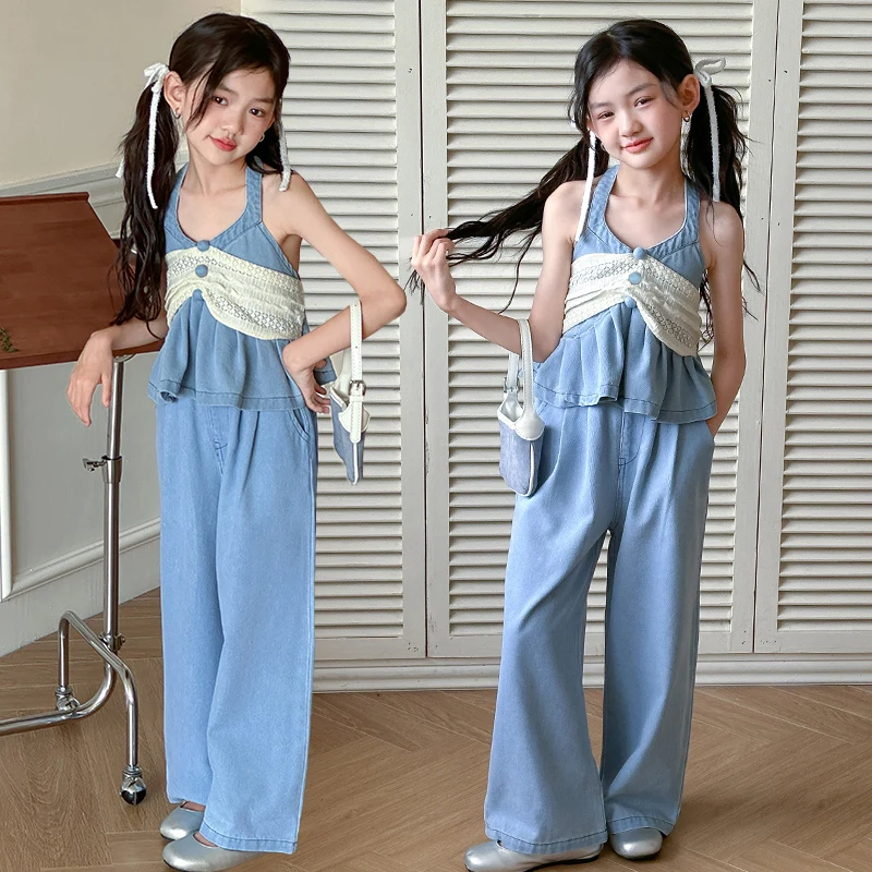 

ensemble bebe fille junior girl Denim lace strap set camisole vest top+wide leg pants 2pcs teen kid suit child youngsters outfit