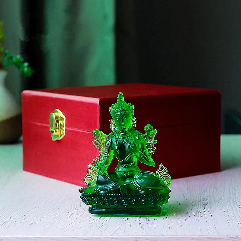 

10cm Green Color Green Tara Guanyin Buddha Statue,Resin Sweeping Demon Lotus Base Mascot Home Putting Decoration