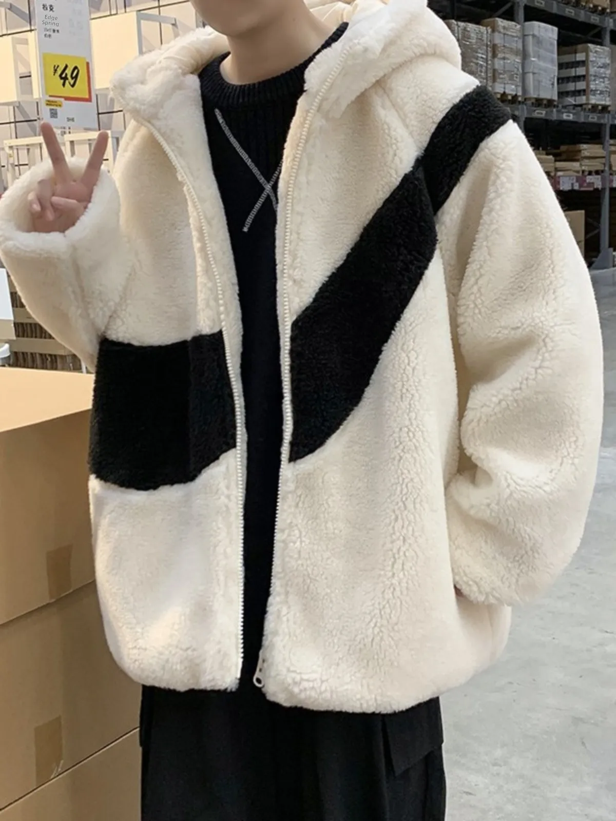 

Thiened American Sle Cotton Jaet with Print Stand Collar for Men Youth Casual Faion Bread Sle Coat Zipper Closure