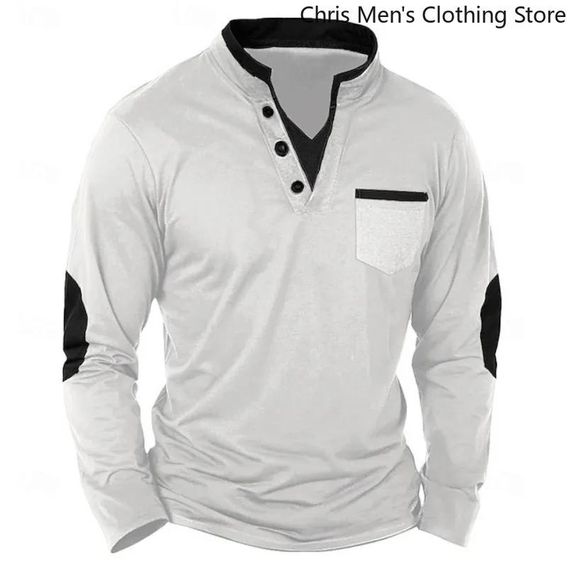 

Spring and Autumn Business Casual Men's Long-sleeved T-shirt Retro Patchwork Outdoor Versatile Top Fashionable Comfortable Shirt
