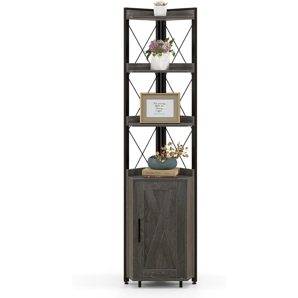 

Giantex 4-Tier Corner Shelf Unit - 71 Tall Freestanding Storage Rack with Cabinet for Plants and Books, Industrial Style Slim Bo
