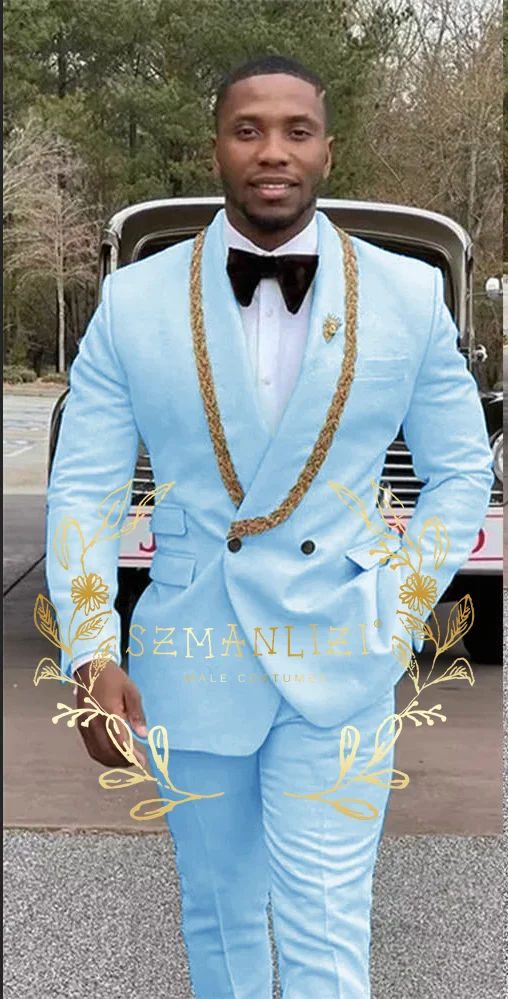 Double Breasted Mint Green Men Suits Wedding Prom Gold Beads Shawl Lapel Costume Homme Terno Masculino Slim Groom Tuxedos Blazer
