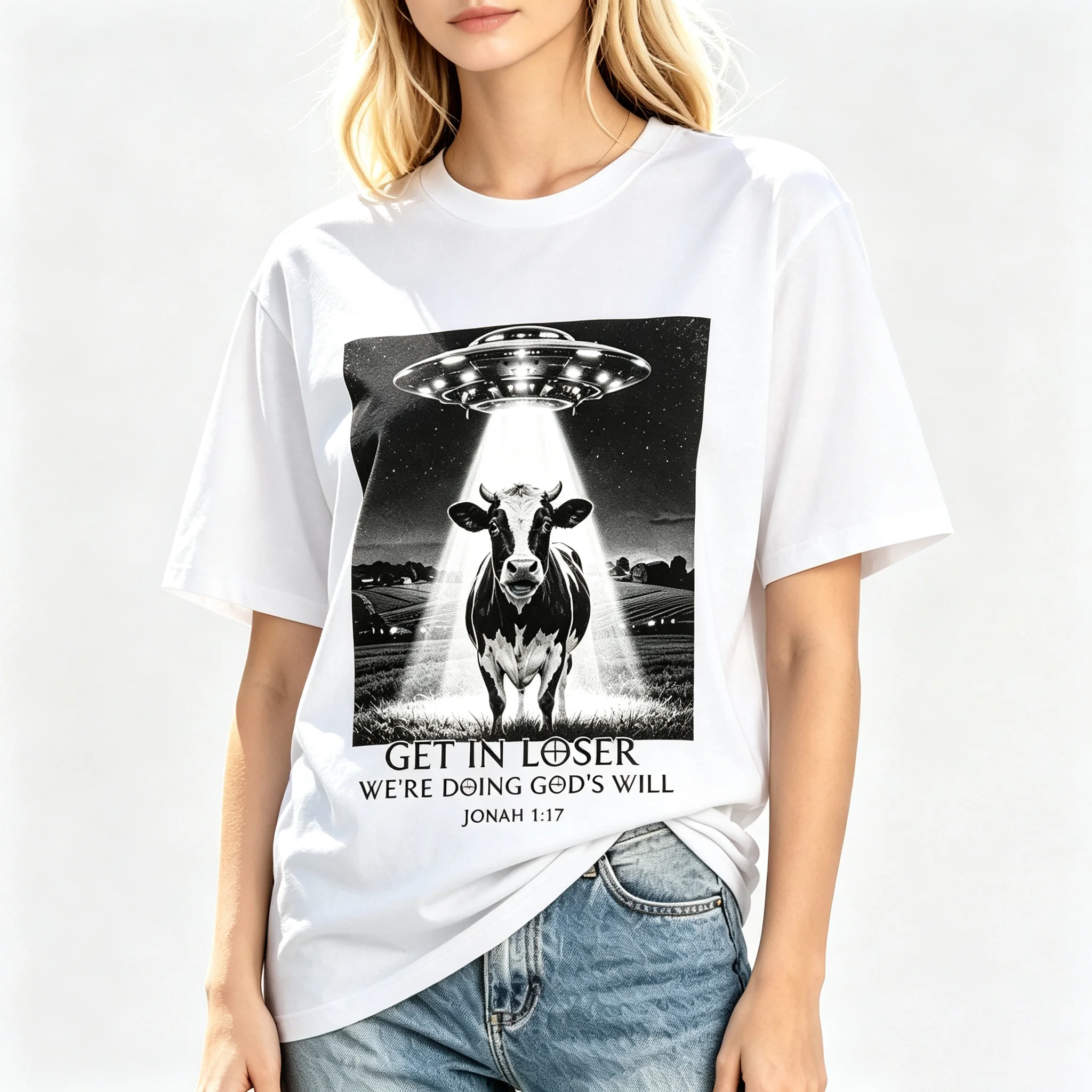 UFO Cow Abduction Black White Retro Photo Graphic T Shirt Funny Weird Sci Fi Short Sleeve Casual Tee