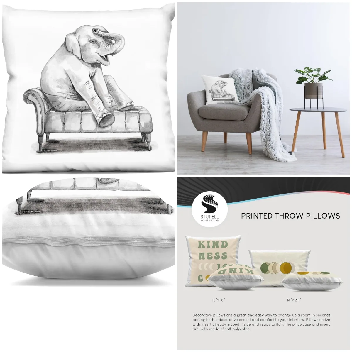 

Elephant on Chaise Lounge Indoor Printed Throw Pillow, 18 x 7 x 18, Grey