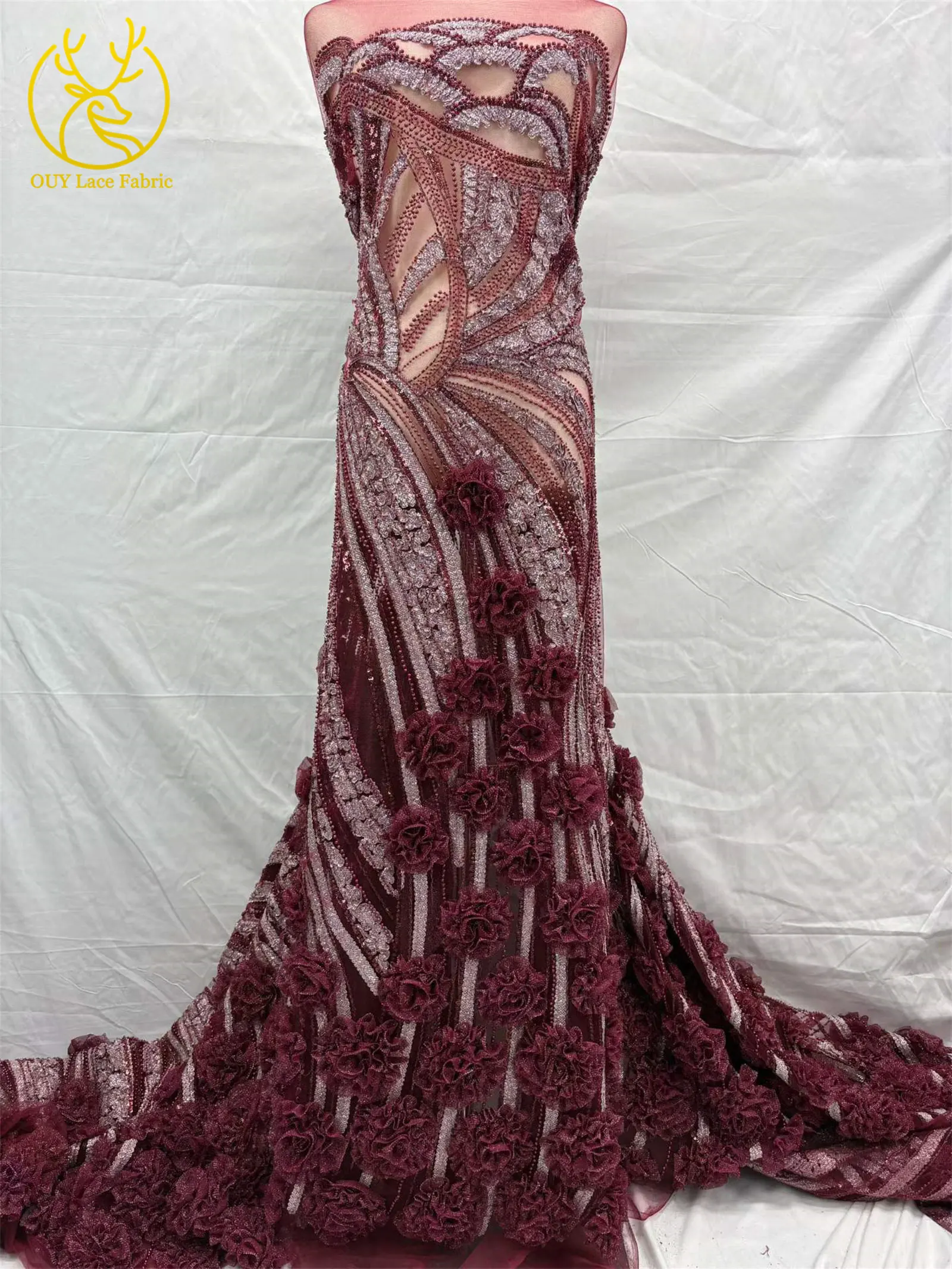 Eleganter 3D-Blumen-Französischer Perlen-Pailletten-Spitzenstoff 2026 Hochwertiger Afrikanischer Spitzenstoff Nigerianisches Hochzeitskleid Nähzubehör – Detail 5