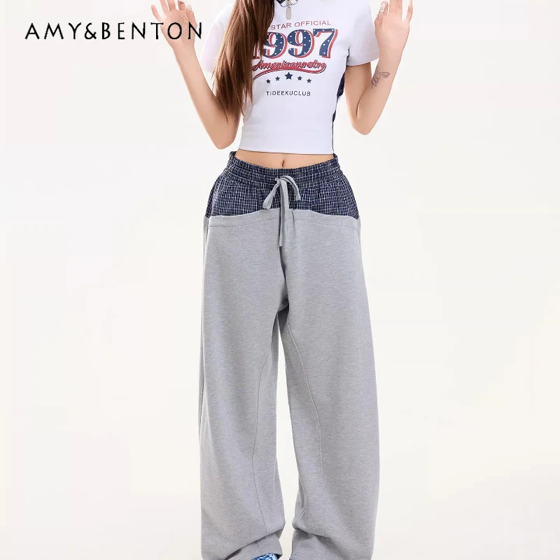 

American Retro Casual Plaid Splicing Casual Wide-leg Women's Trousers 2026 Spring New Age-reducing Versatile Sweatpants Ladies