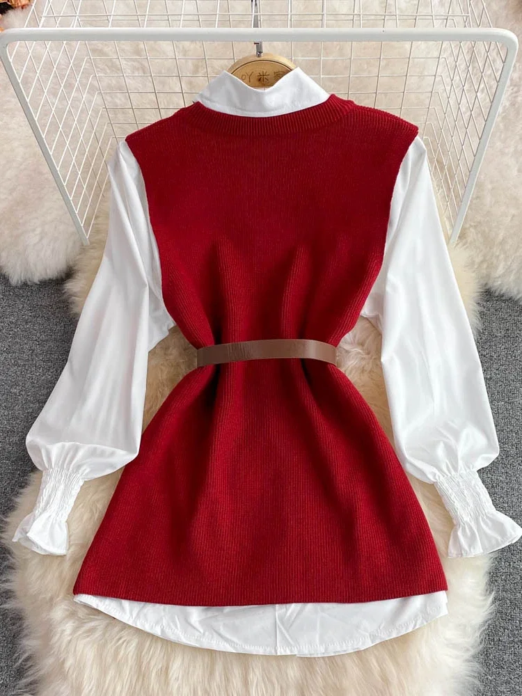 New Autumn Fashion Korean Office Lady Lapel Lantern Sleeves White Shirt +V-neck Knitted Vest Casual Two-piece Set Clothes Women