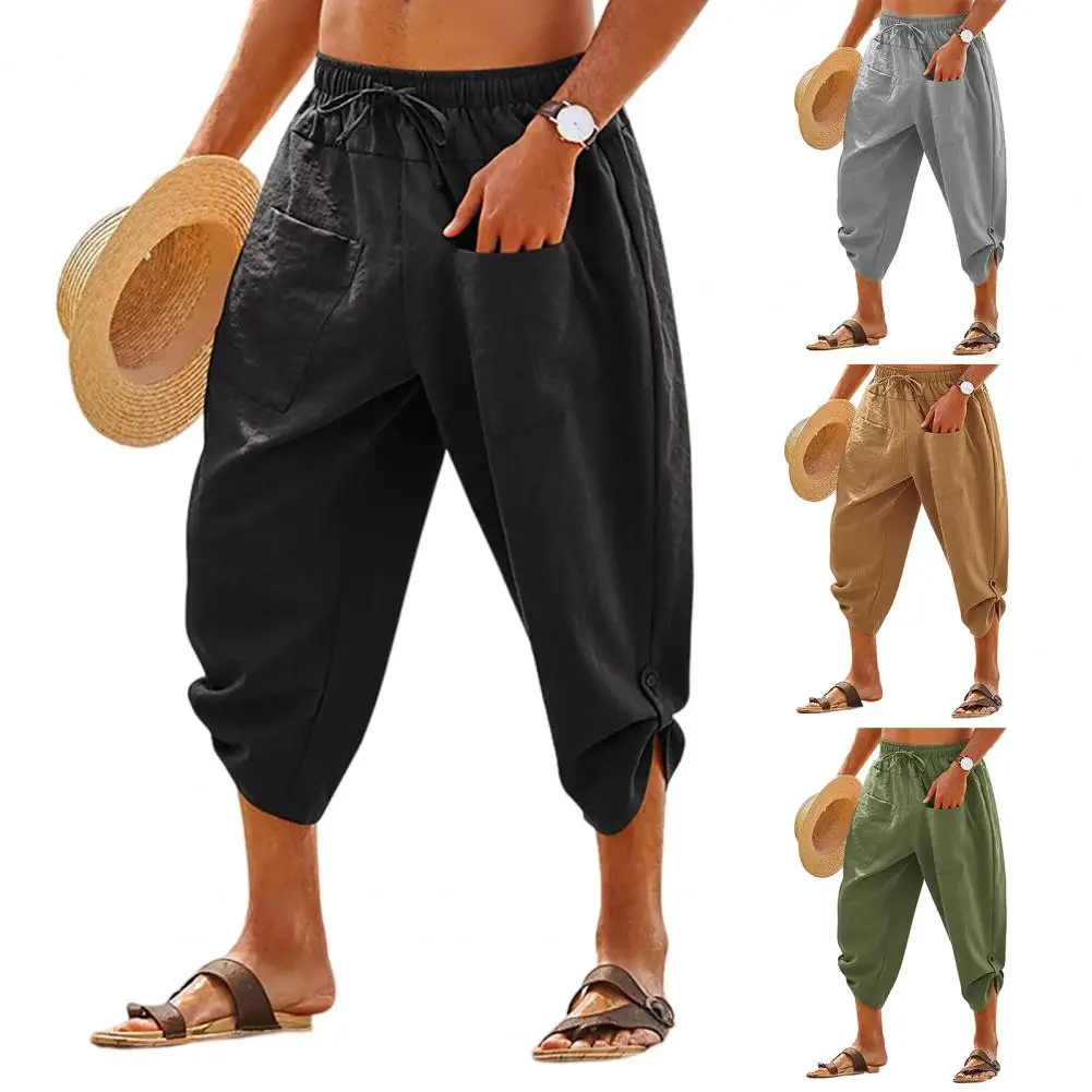 

Men Cropped Pants Solid Color Drawstring Beach Trousers Soft Breathable Elastic Waist Casual Pants