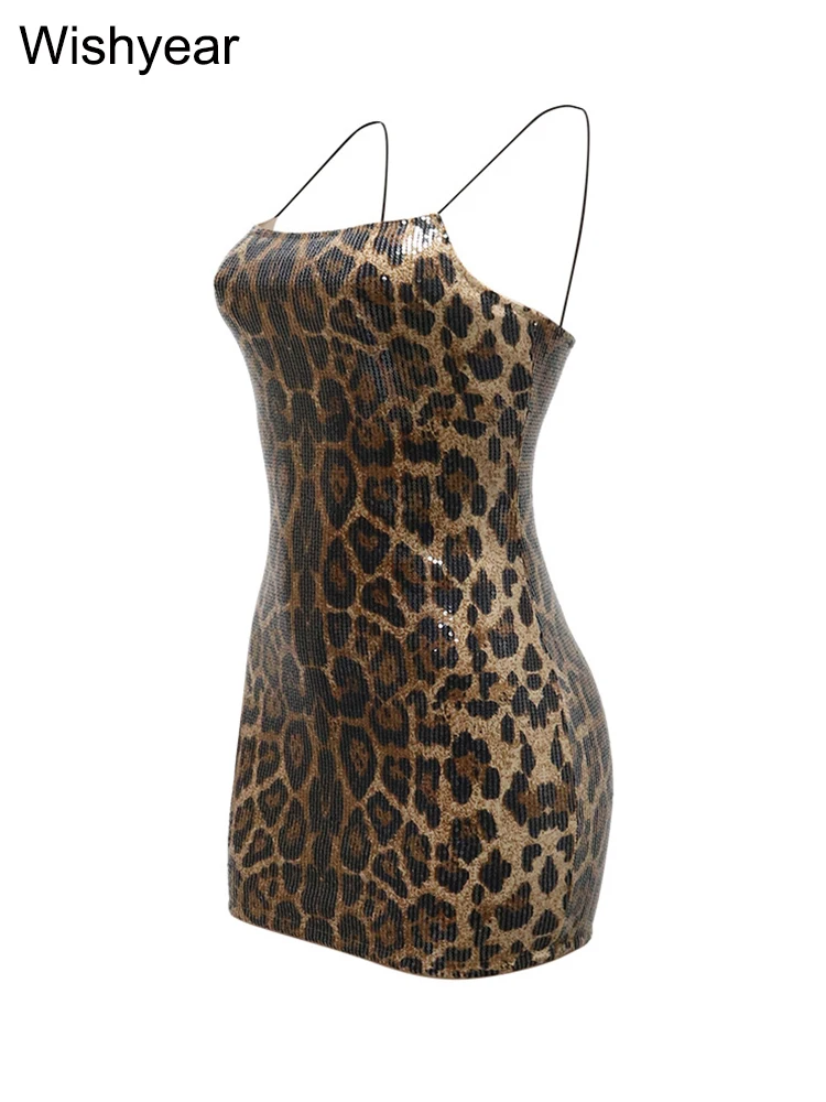 New Leopard Print Sexy Short Dress Women Sequins Hipster Skinny Spaghetti Strap Bodycon Elastic Midnight Party Night Clubwear