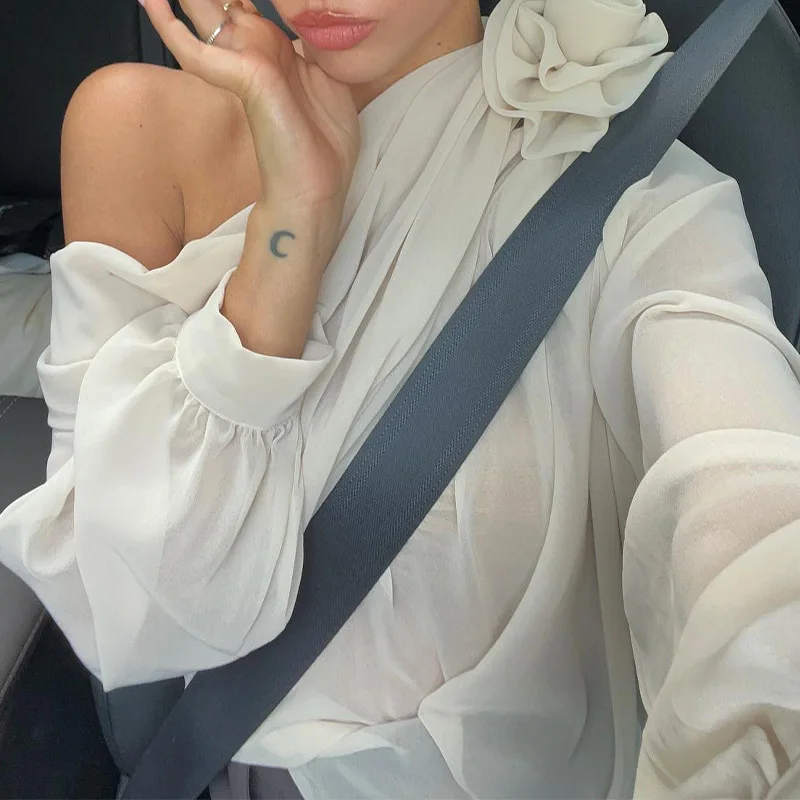 Women Chiffon Blouse Shirt Fashion OL female Tie flowers Slash neck Loose Tops Blouse Summer Female Outwear Blouses