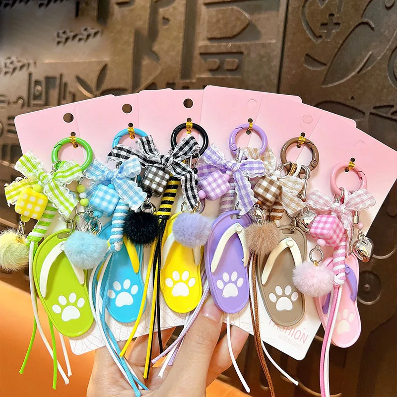 13.6cm Creative Cute Flip Flops Keychain Summer Colorful Slippers Keyring Girl Bag Decompression Pendant Key Chains Rope Decor