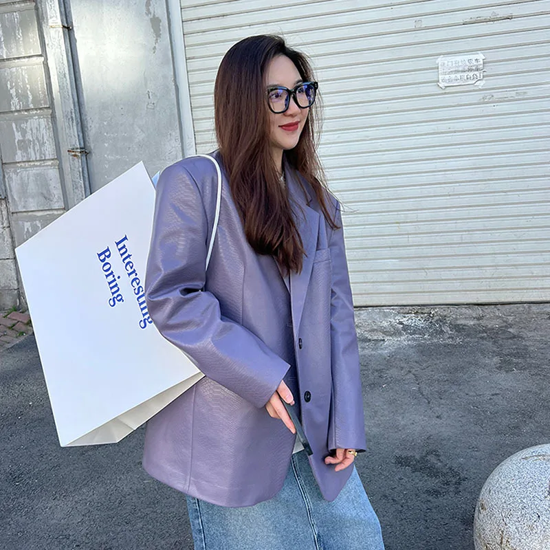 

Grey-Purple Crocodile Pattern Faux Leather Jacket Streetwear Fashion Women Suit Jacket Autumn Casual Notched Collar Blazers Coat