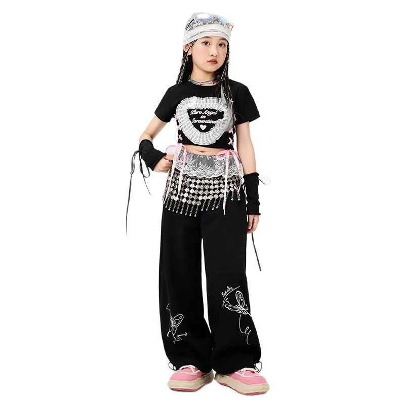 Kid Kpop Hip Hop Clothing Black Lace up Heart Crop T Shirt Top Casual Butterfly Sweat Pants for Girl Jazz Dance Costume Clothes