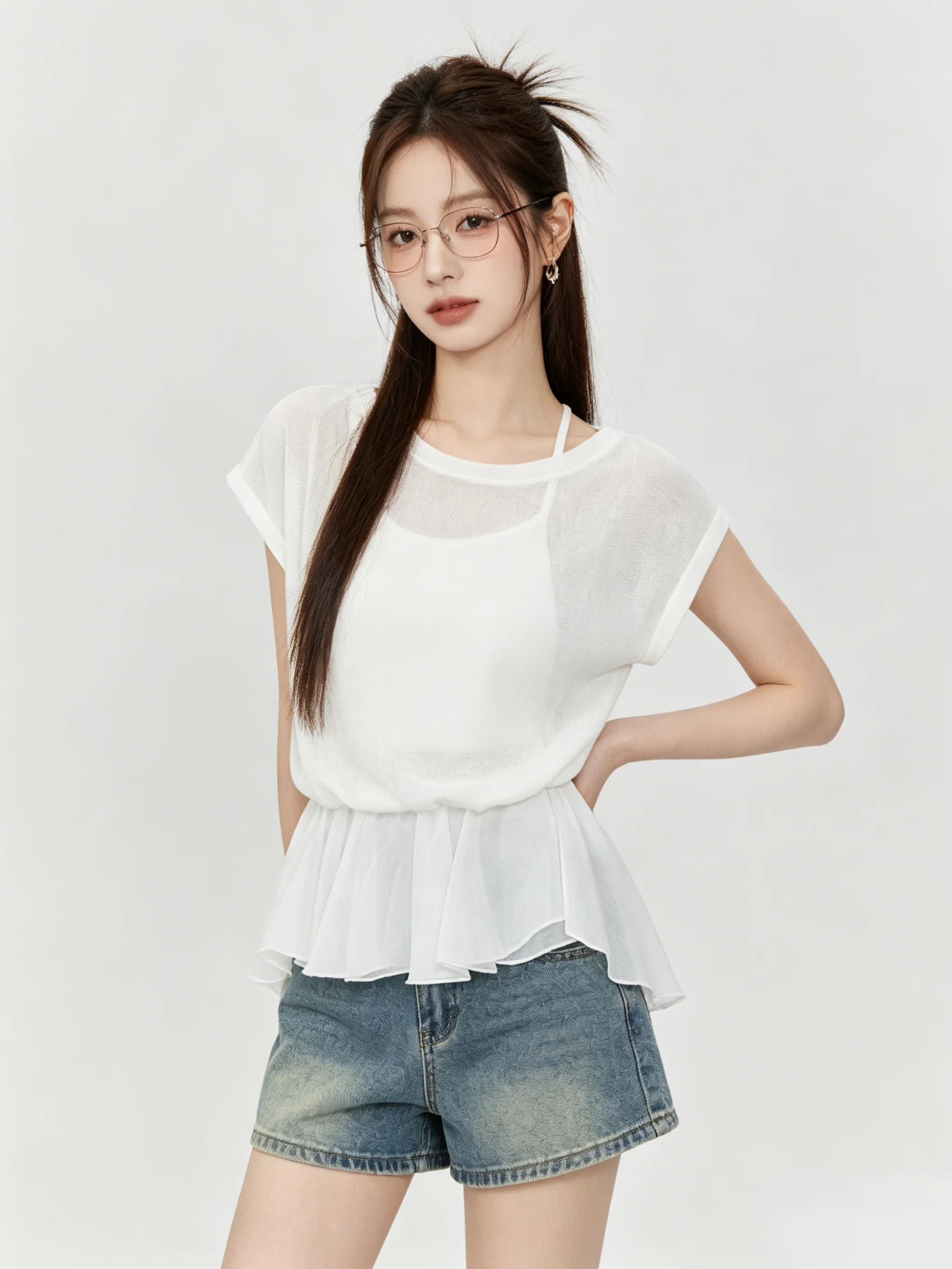Chic Design Casual Style Shoulder Drop Sleeve Fake Two-Piece Ruffle Hem Side Shoulder Short Sleeve Women's Summer Irregular Top