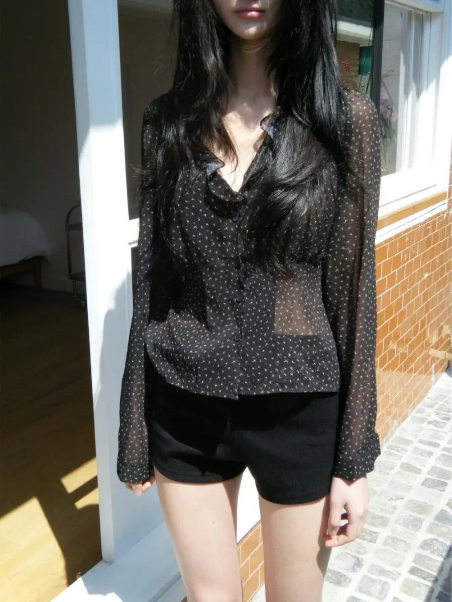 

East Gate Pure Desire Snowflake Women's Shirt Long Sleeve V-Neck Waist-Cinched Transparent Fashion Summer Top French Style