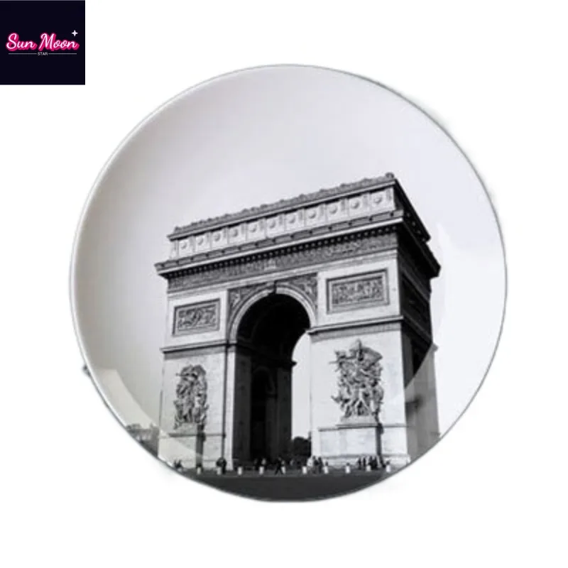 European Style Black and White Architectural Painting Wall Hanging Plates Ceramic Home Living Room Display Oil Painting Plates