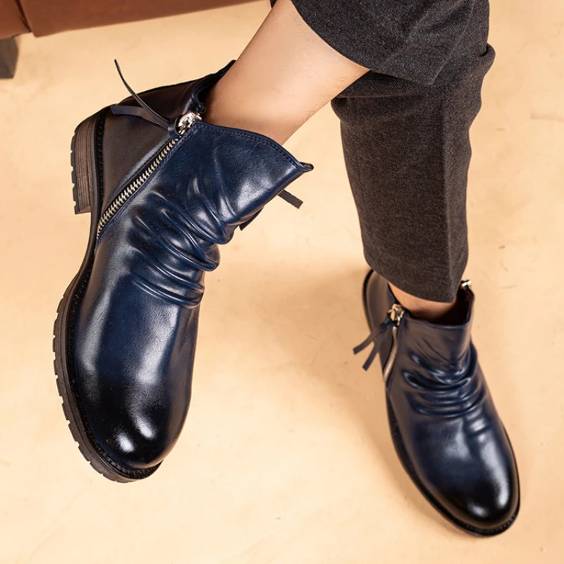 

New 2024 Autumn Chelsea Boots Men Leather Business Shoes Folds Men Ankle Boots Fashion Zip Retro Male Footwear